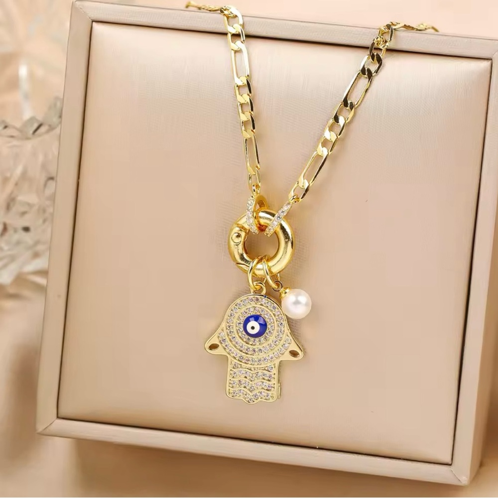 Gold Hamsa Pendant Necklace with Pearl Accent on a Cuban Link Chain!